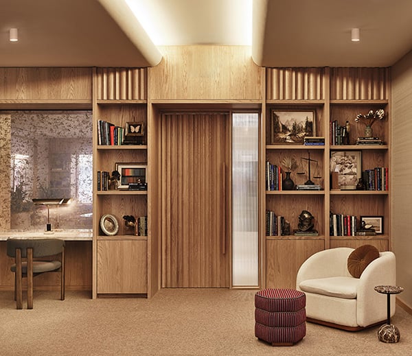 Broad Wave Slat Wood Paneling Installed on Walls and Doors in an Office Library