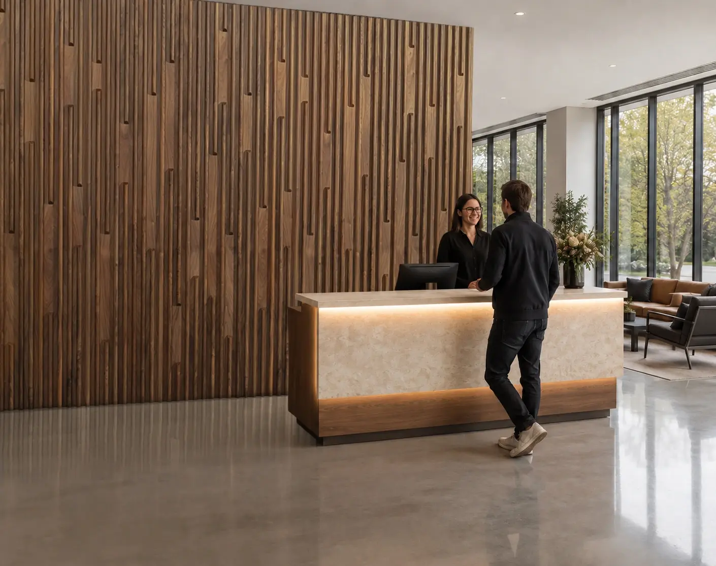 Walnut Interval wood wall panel in reception area