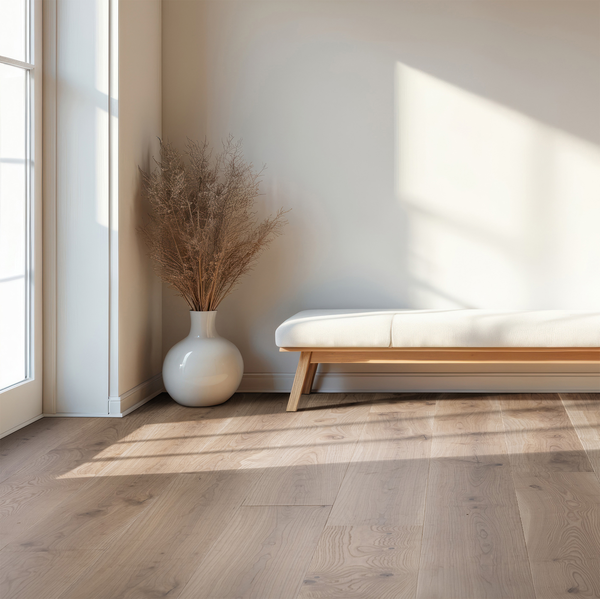 Live Sawn Engineered Wide Plank Ash Flooring installed in a residential living space