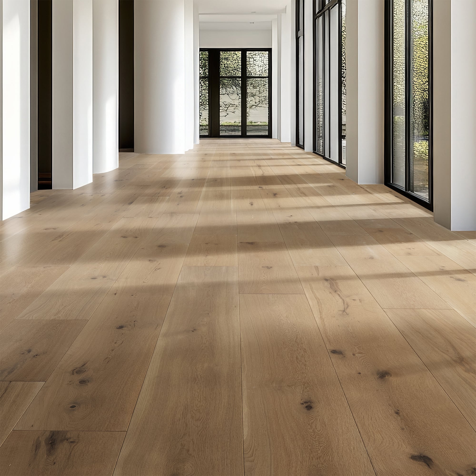 Live Sawn Engineered Wide Plank White Oak Flooring in a hallway installation