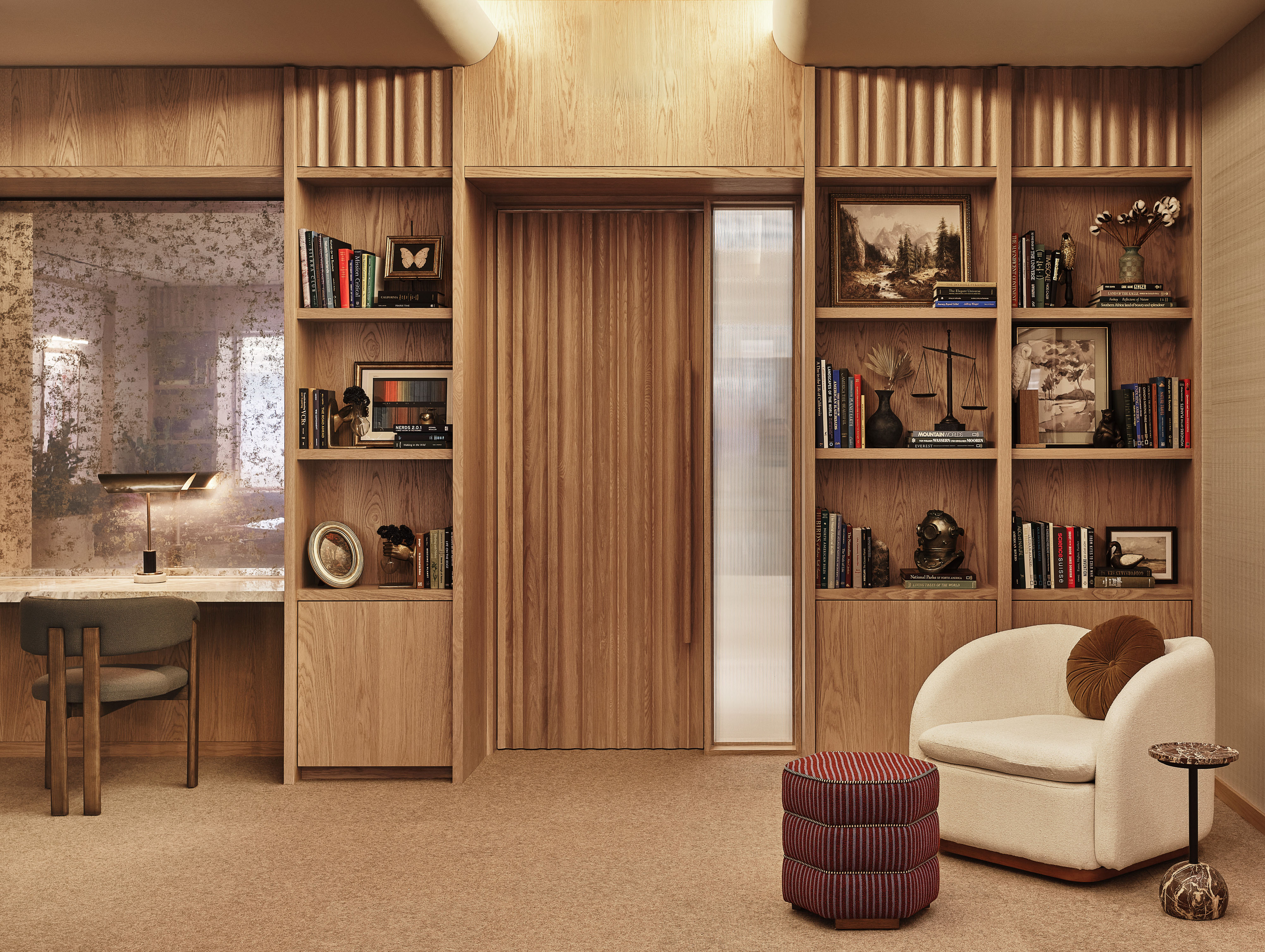 Live Sawn Red Oak Veneer Wood Wall Paneling in a library with warm color tones