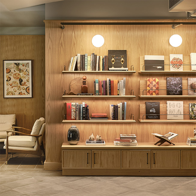 Live Sawn Red Oak Wood Veneer Paneling in an office library setting with warm wood tones