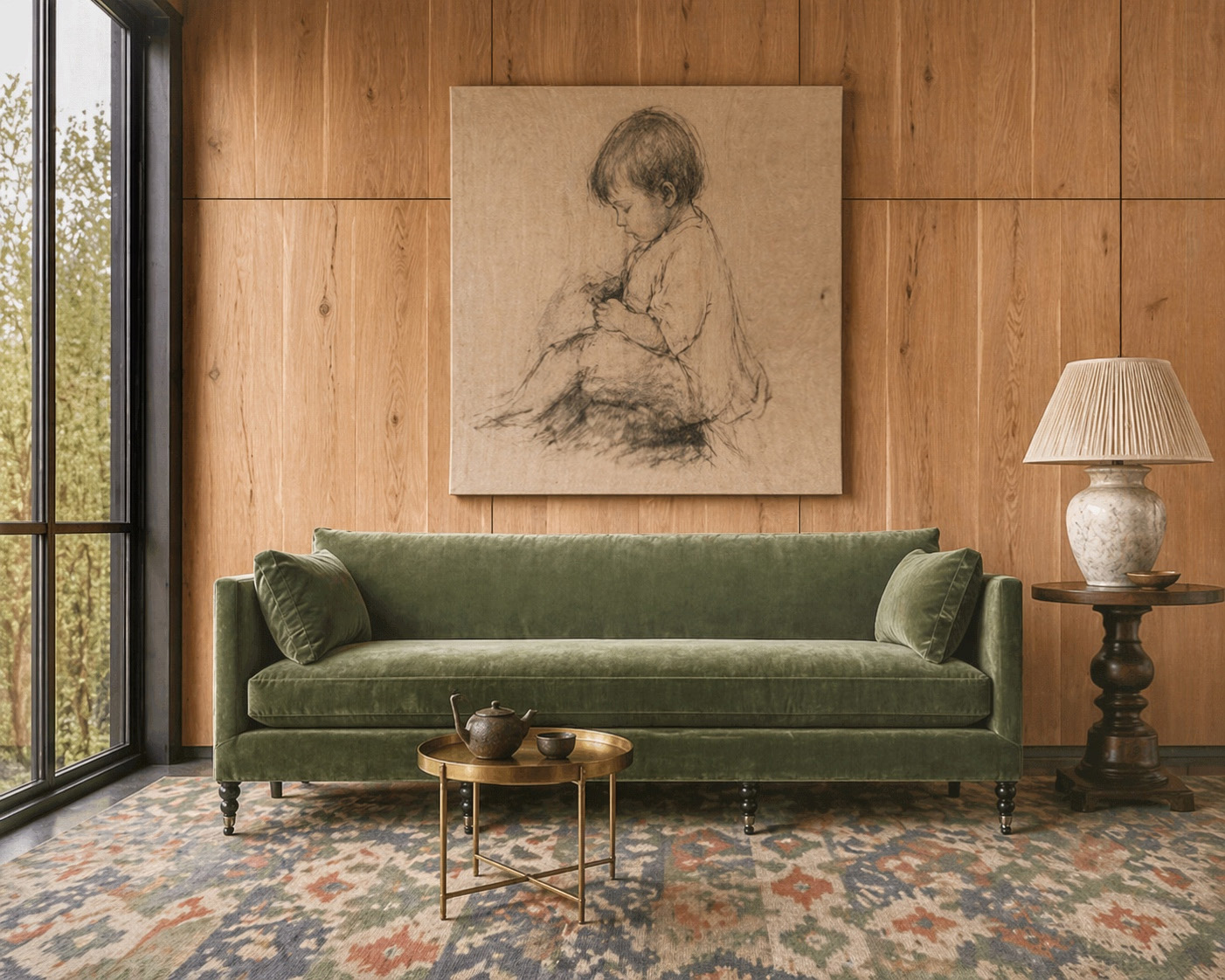 Live Sawn White Oak Veneer Paneling installed in a residential living room