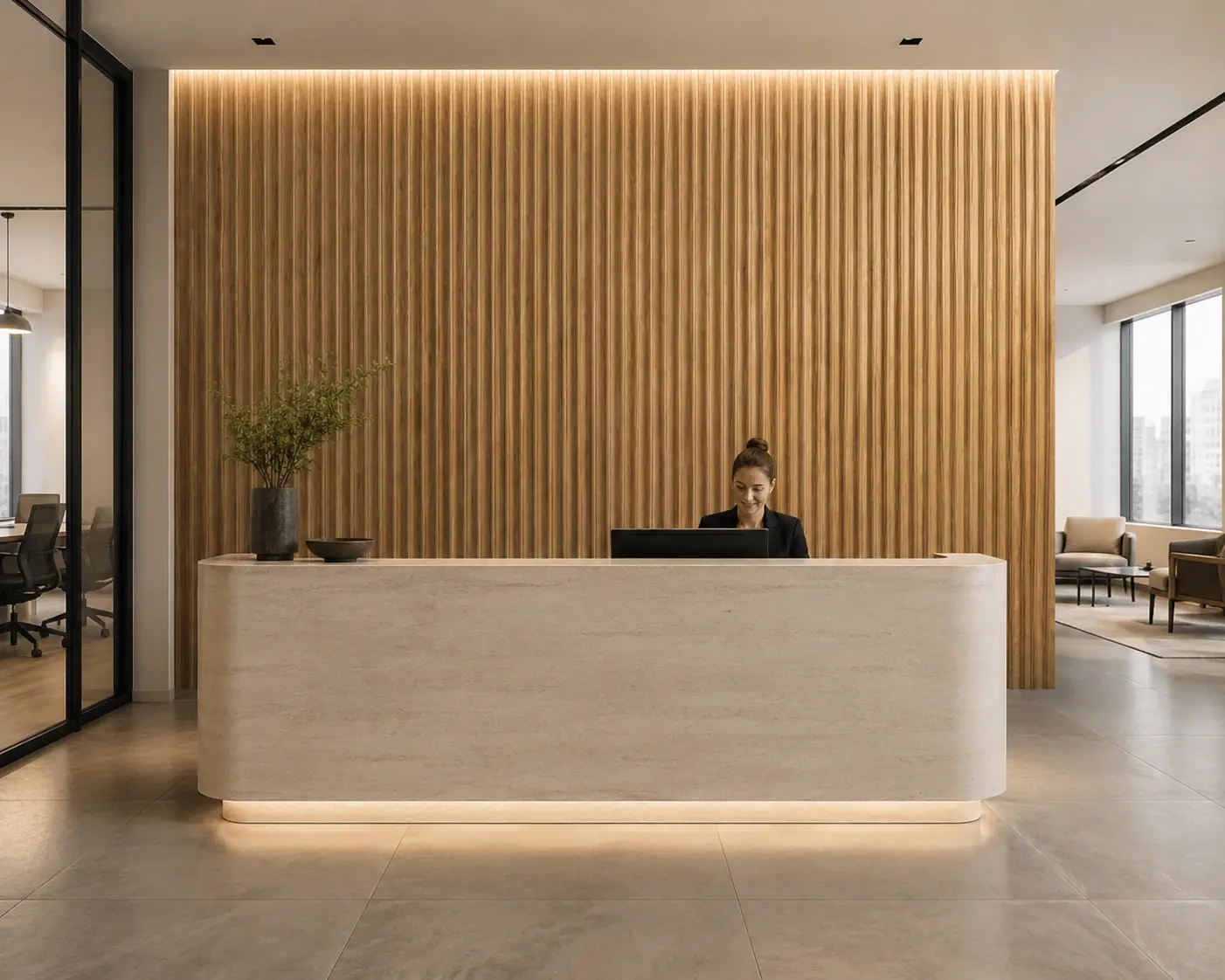 Palladian oak wood wall panel reception area