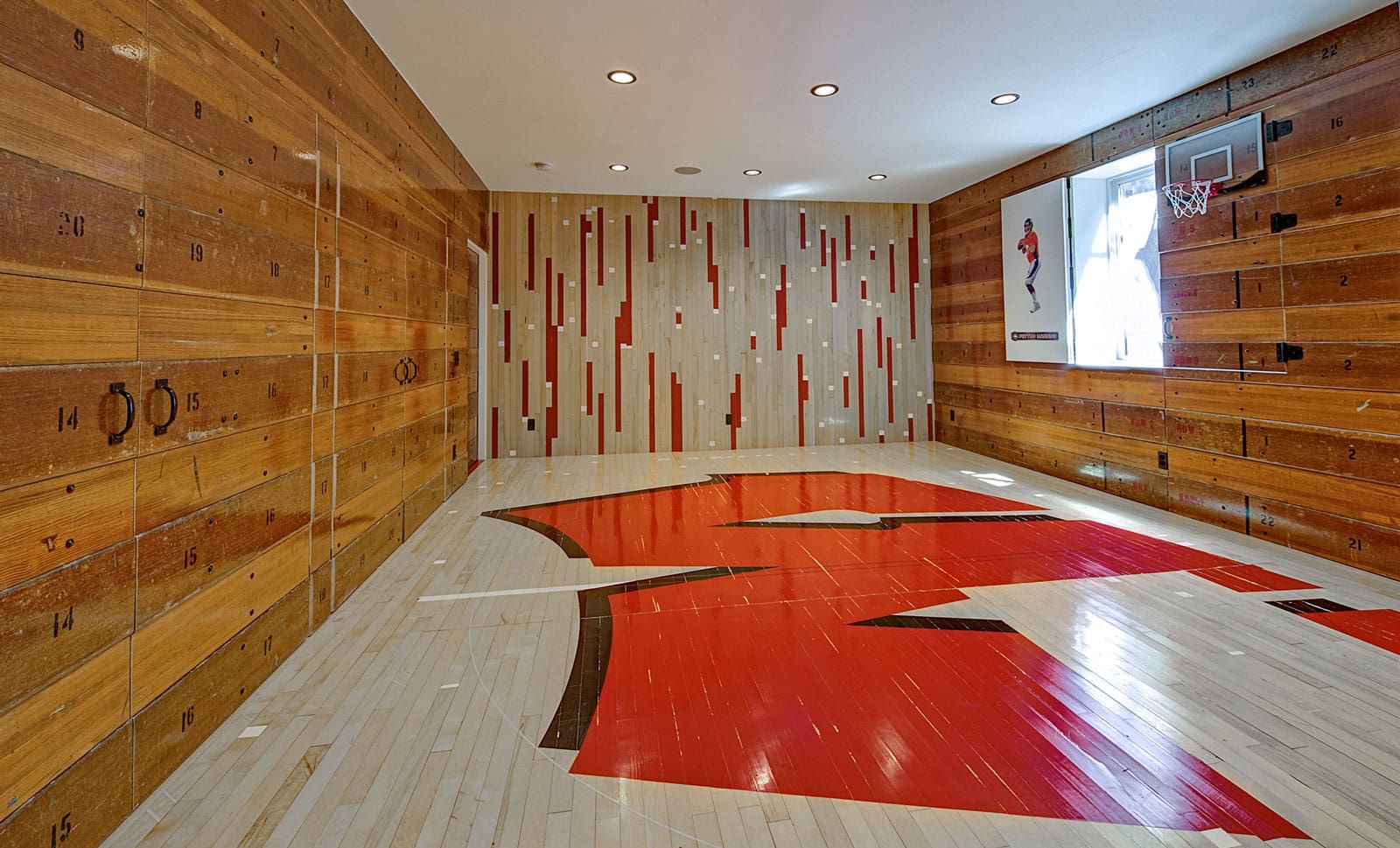 Reclaimed Maple Gym Flooring and Bleachers in custom playroom design