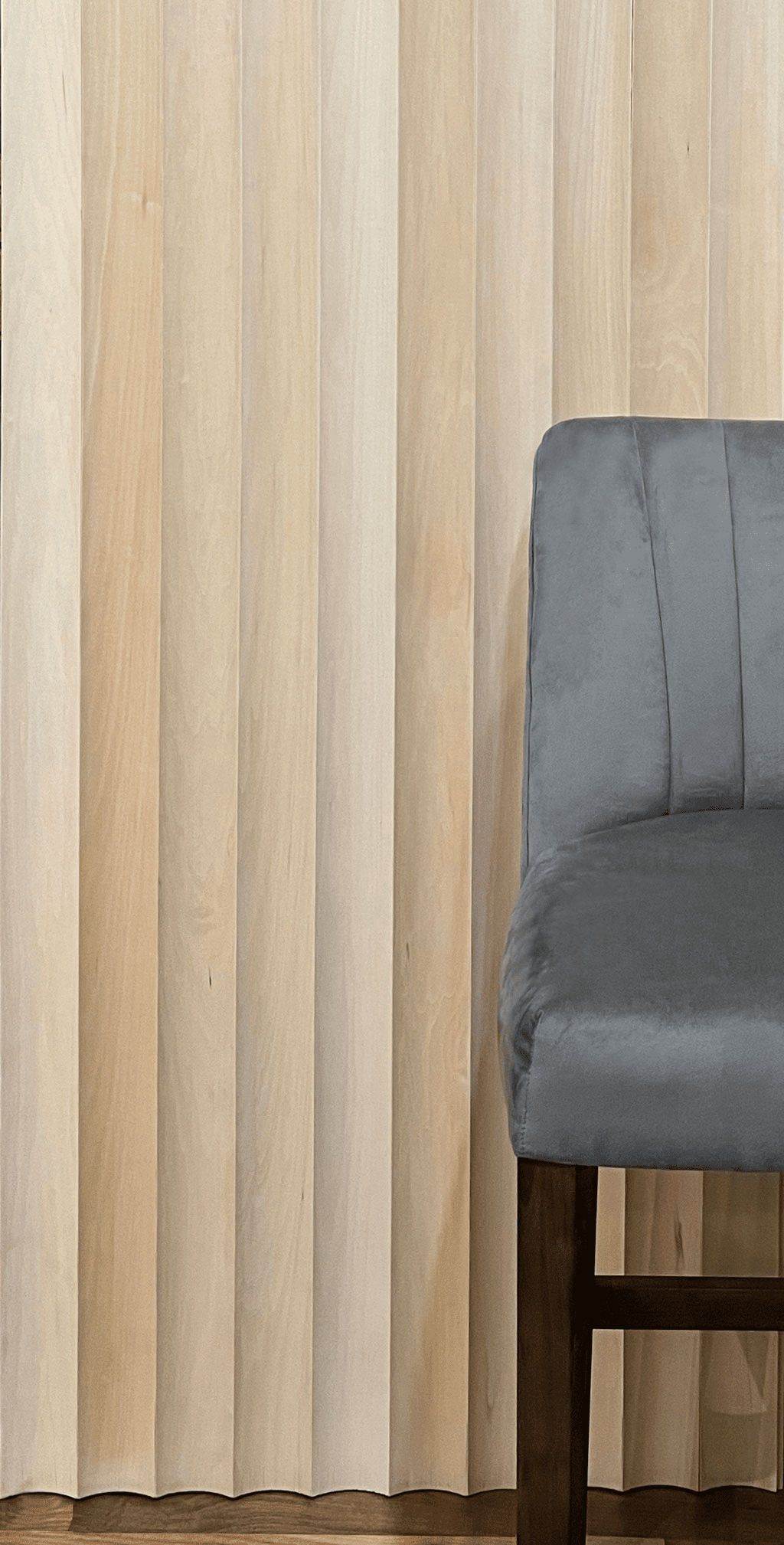 Solid Wide Fluted Slat Wood Wall Planks in Basswood Feature Wall with a residential chair