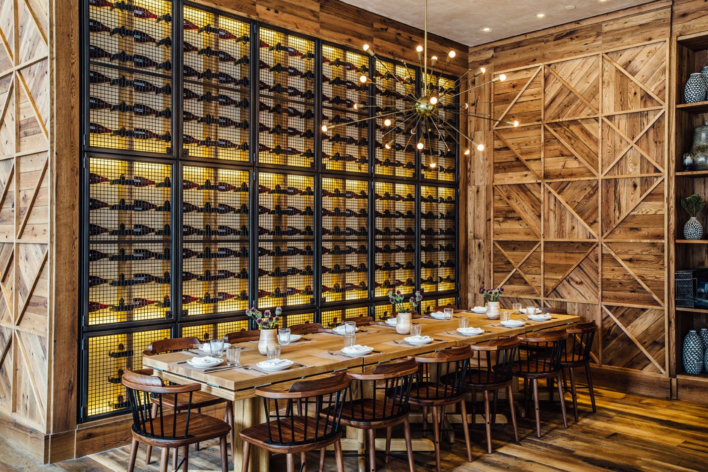 Character Grade Red Oak Custom Geometric Feature Wall in a high end restaurant