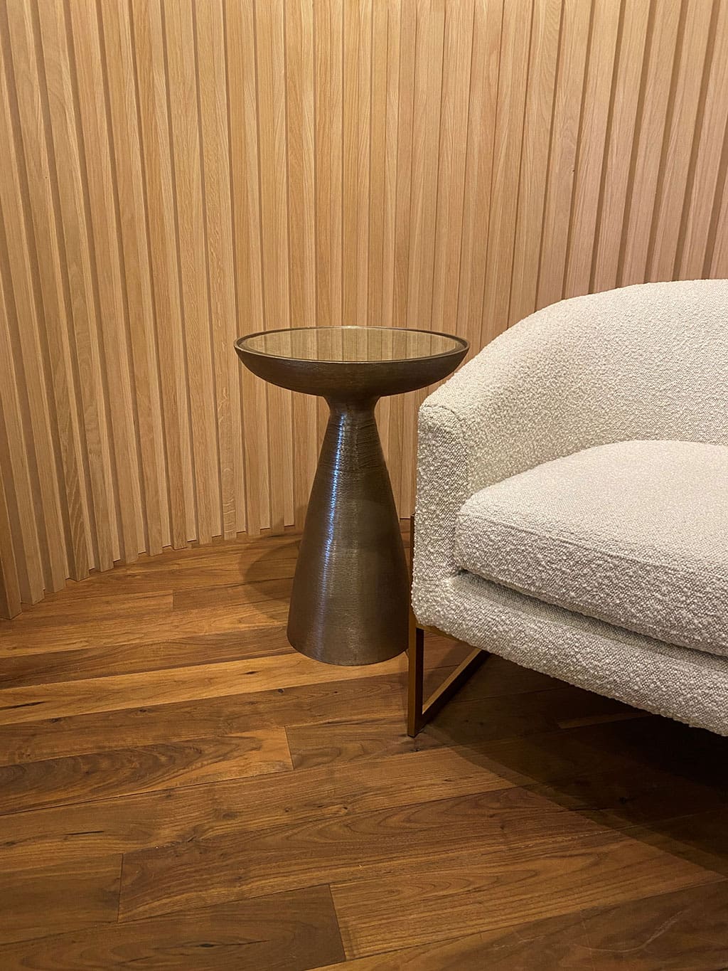 Curved Slat Wood Wall Paneling in White Oak with Clear Matte Finish in Room Setting