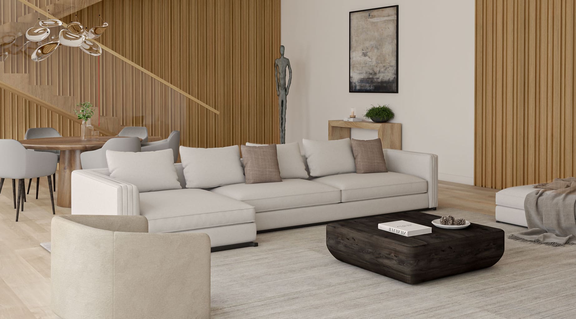 White Oak Custom Torus Slat Wood Wall Paneling installed in a high end residence