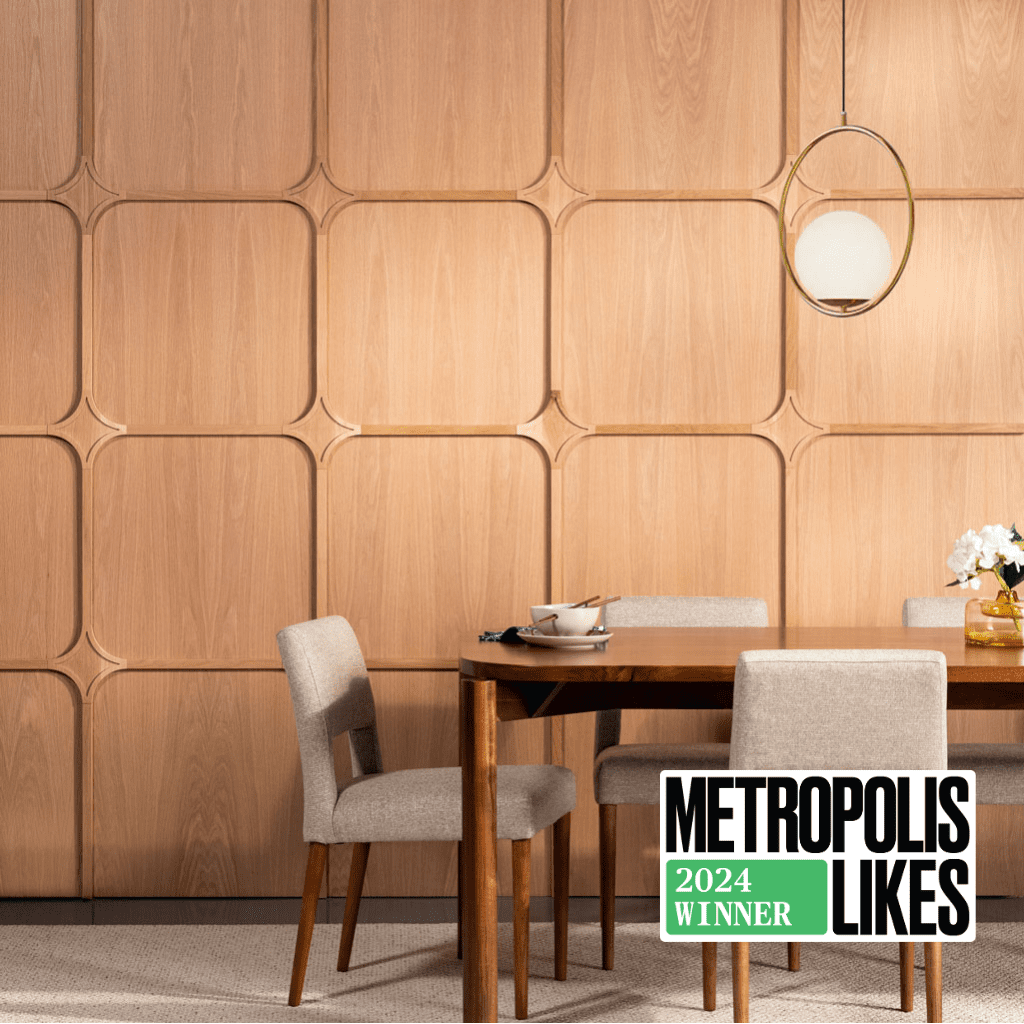 Metropolis Likes Award Winning White Oak Dimant Medallion Wood Wall Paneling in a dining room installation