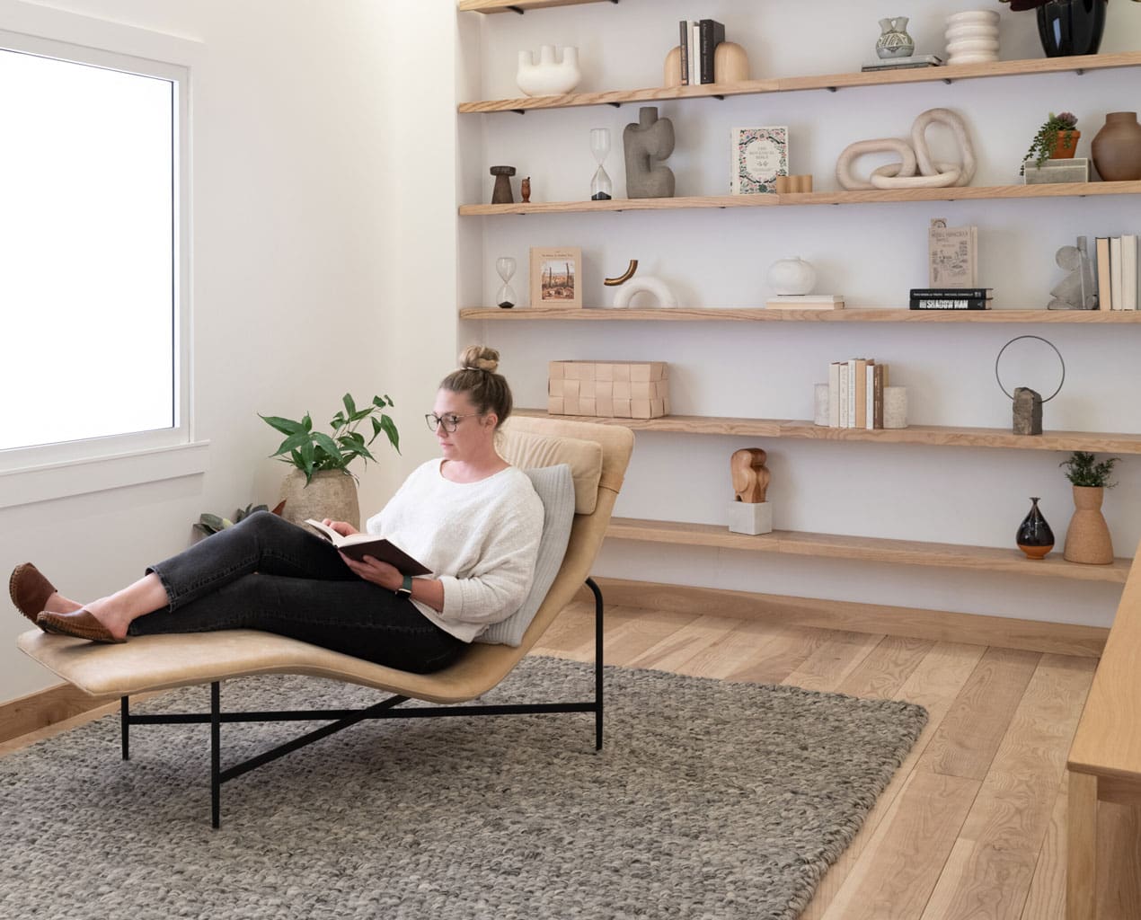 Live Sawn Solid Ash Flooring and Shelving in a private office space