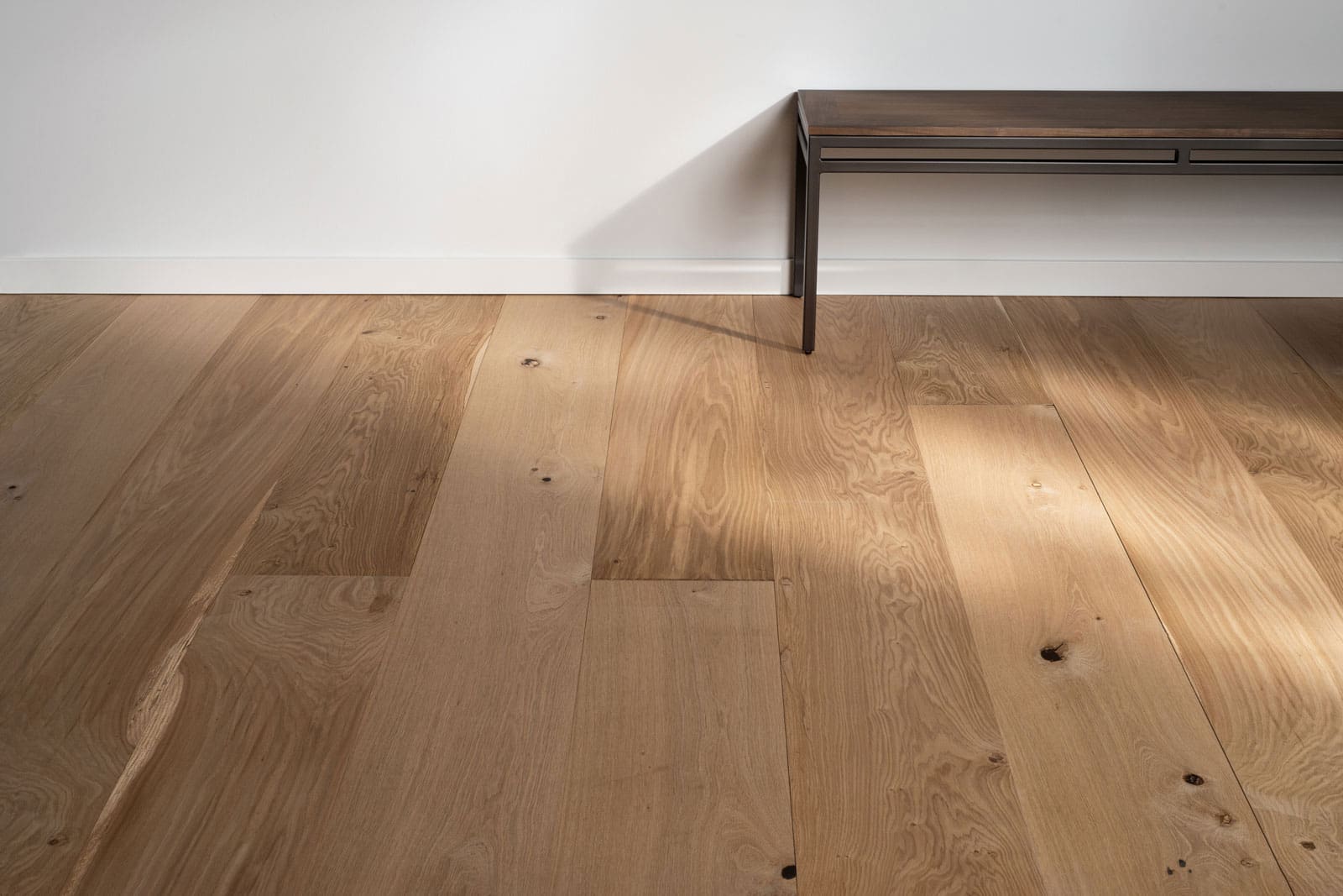 Live Sawn Engineered Wide Plank White Oak Flooring with a bench