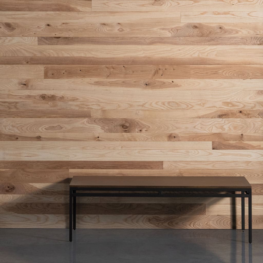 Live Sawn Interior Ash Cladding Feature Wall with a bench