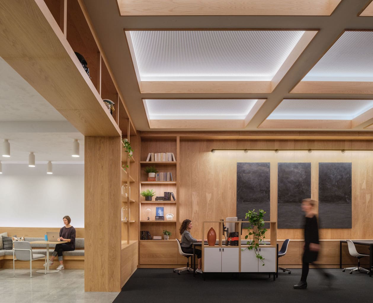 Live Sawn White Oak Veneer Paneling and millwork installed in an open concept office