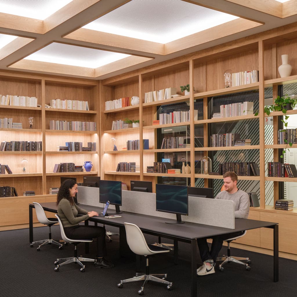 Live Sawn White Oak Veneer Paneling, millwork, and ceiling beams in an office library