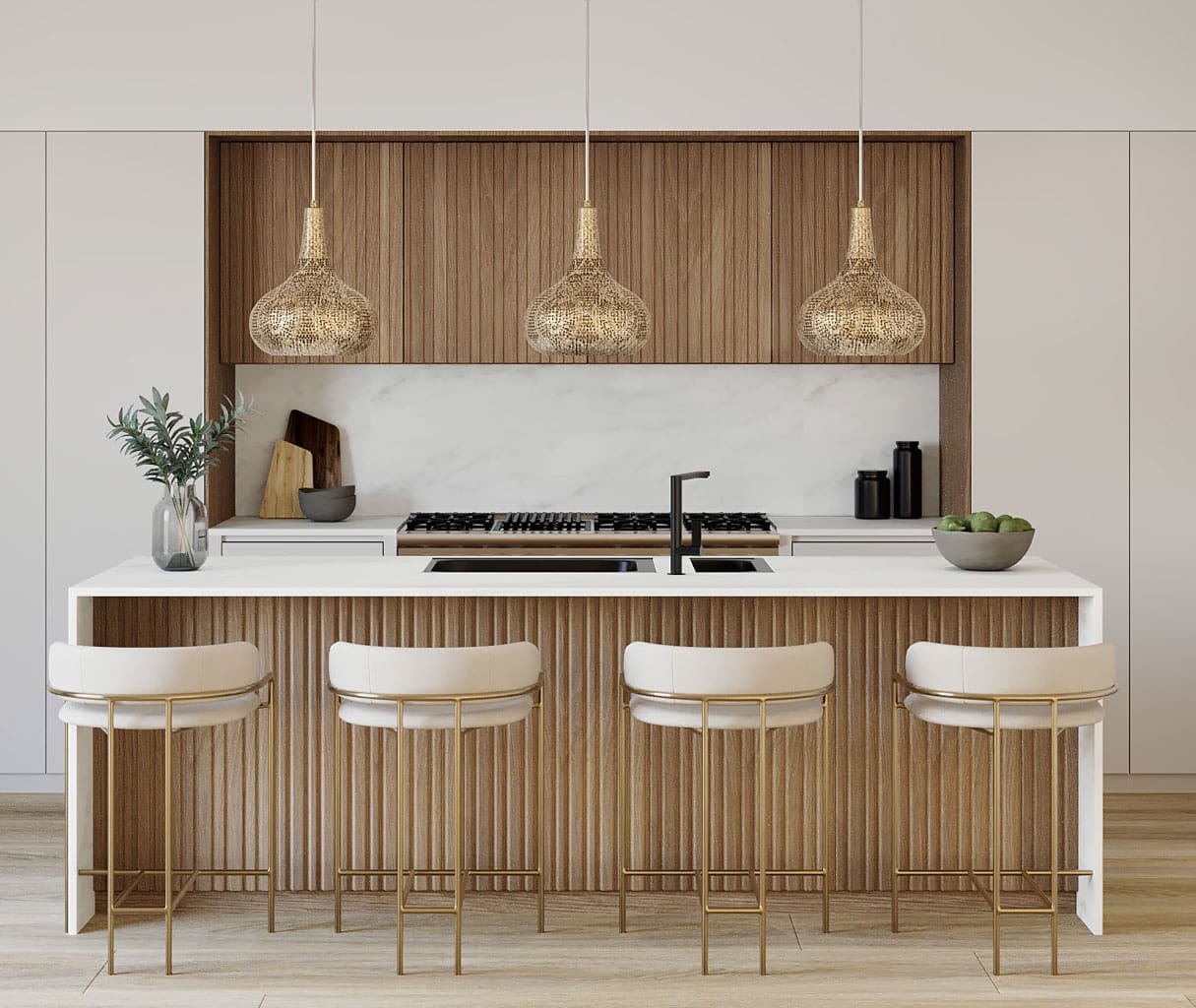 Low Profile Mixed Slat Wood Wall Panels installed in a residential kitchen as decorative millwork and bar fronts.