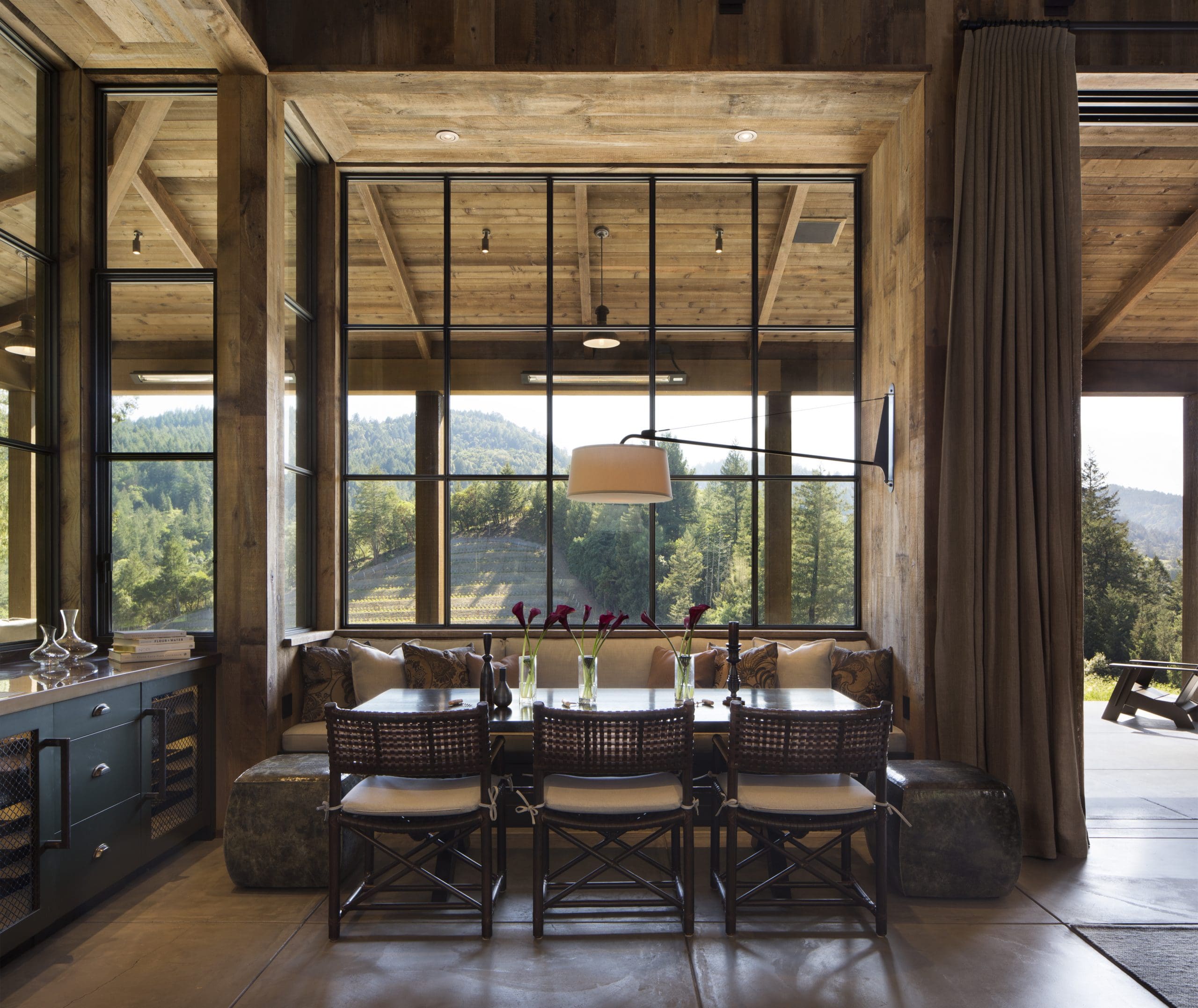 Reclaimed Rough Back Pine Ceiling Cladding in a rustic cabin dining room
