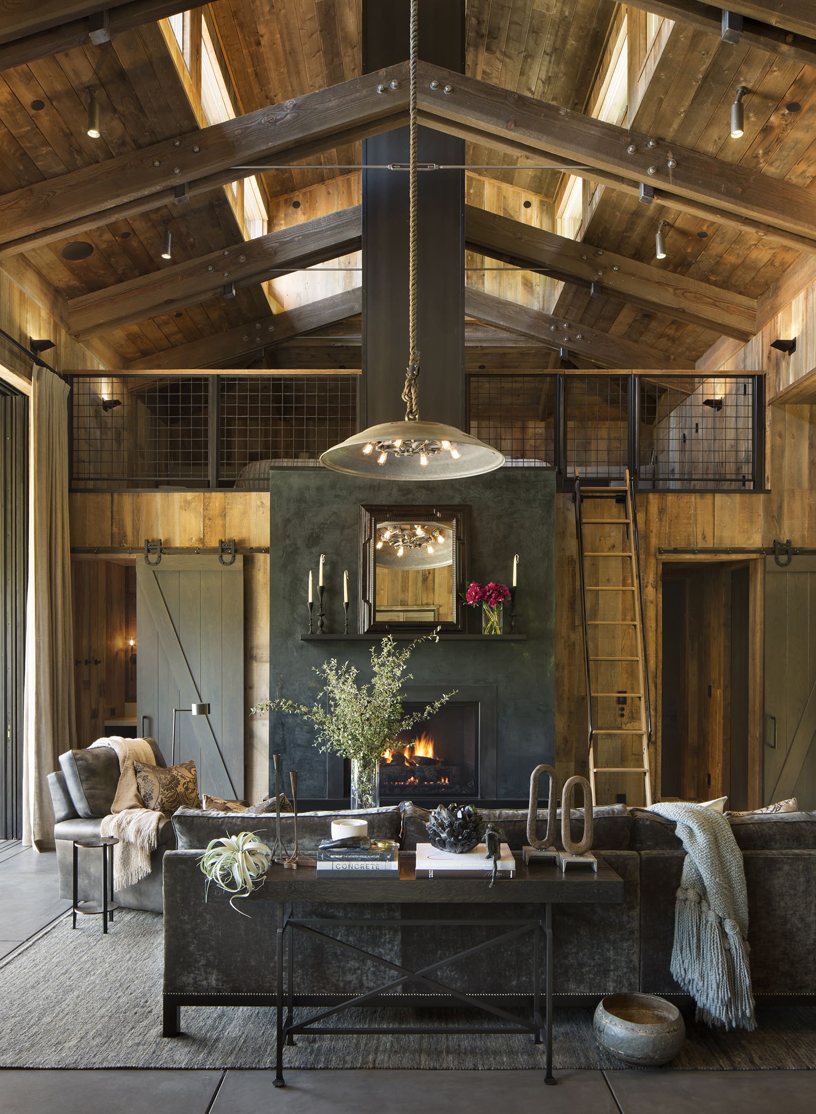 Reclaimed Rough Back Pine Cladding on walls and ceilings in a rustic cabin living room