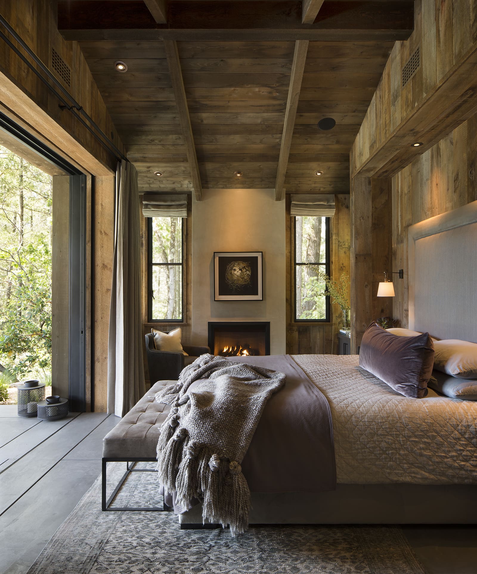 Reclaimed Rough Back Pine Cladding inside Napa Cabin Bedroom