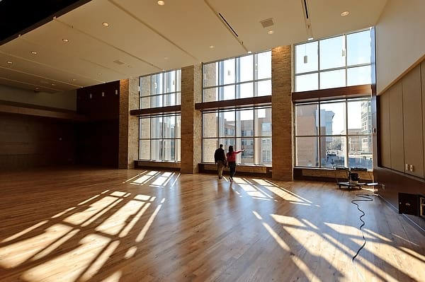 Reclaimed Elm Flooring installed on a university campus multi purpose room