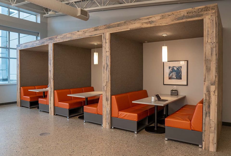 Reclaimed Factory Maple Cladding installed in office pods