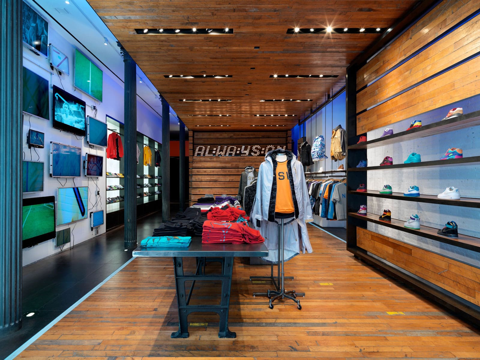 Reclaimed Factory Maple Flooring installed in athletic clothing boutique