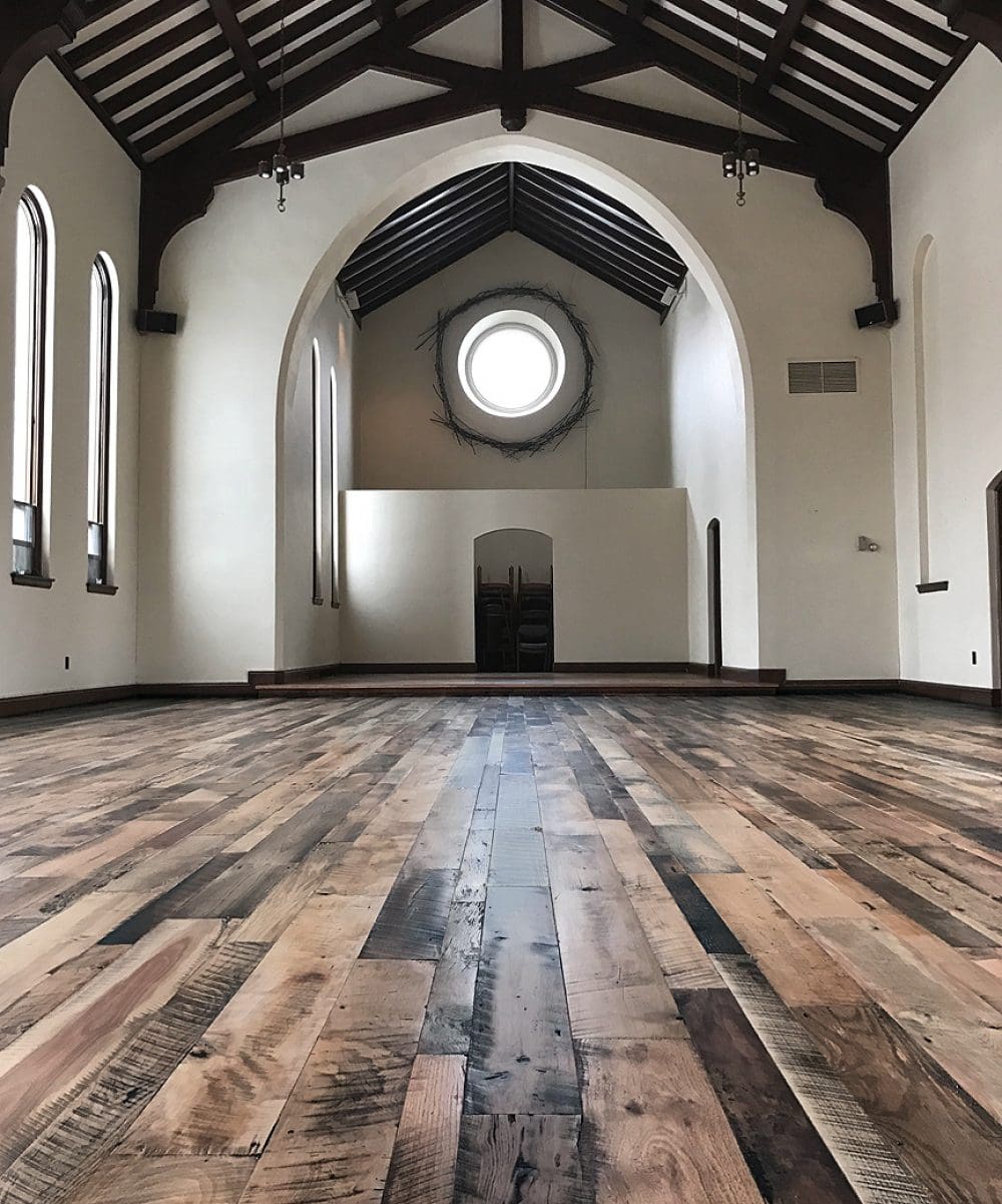 Reclaimed Mixed Hardwood Flooring installed in community performance space