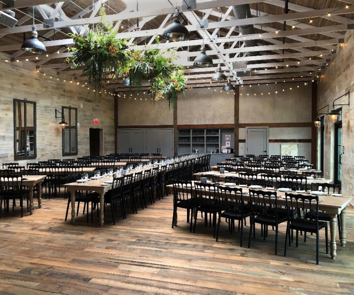 Reclaimed Skip-Planed Oak Flooring installed in an event venue