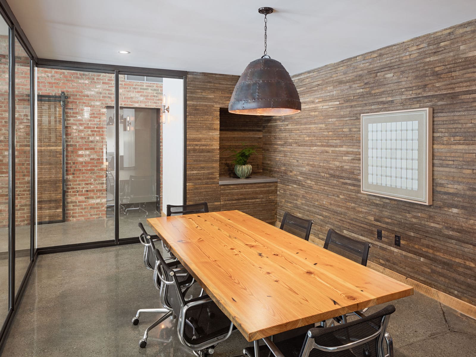 Reclaimed Tobacco Lath Wall Cladding installed in a conference room