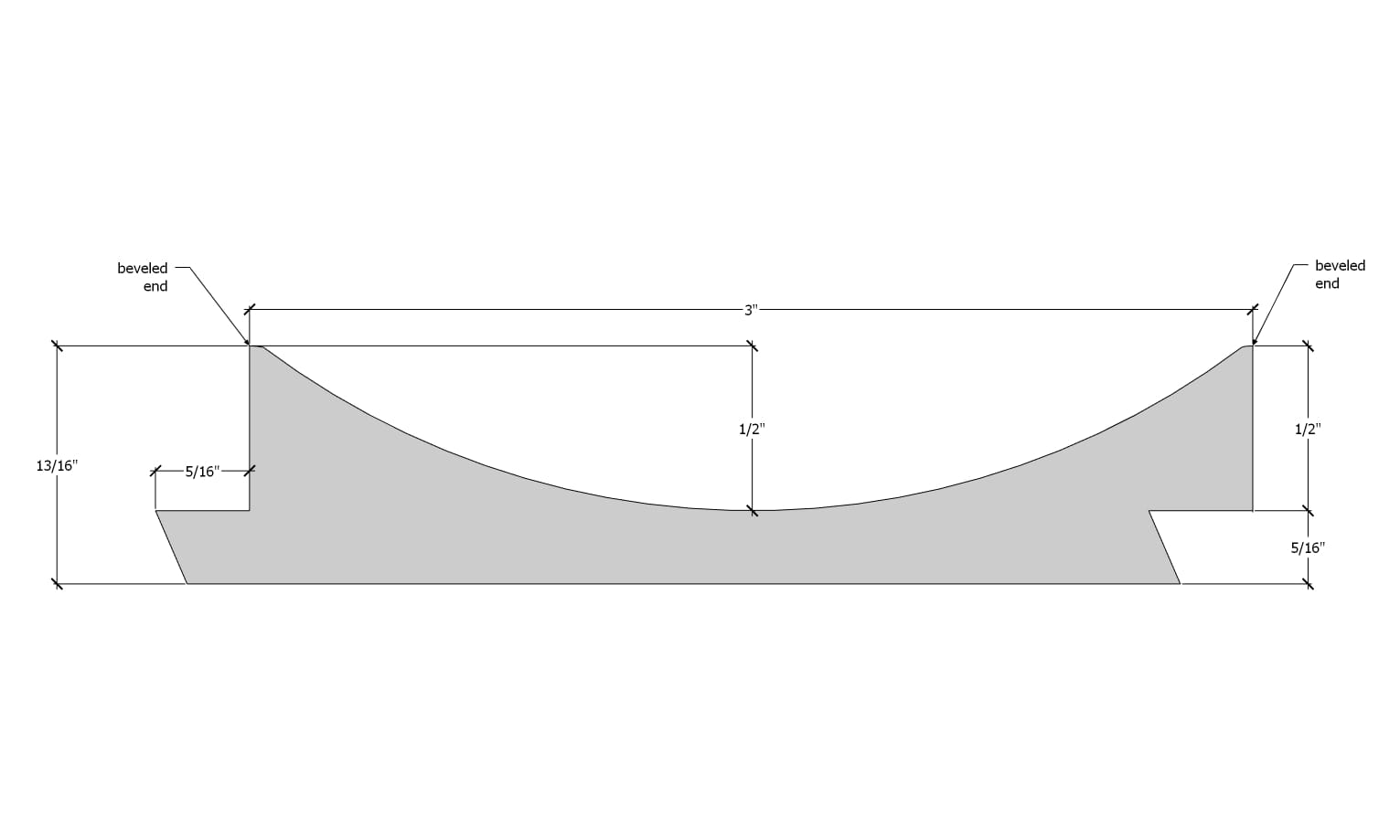 Drawing of Solid Wide Fluted Slat Wood Wall Planks profile dimensions