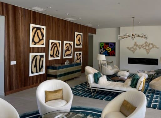 Walnut Classic Slat Wood Wall Paneling installed in a modern living room