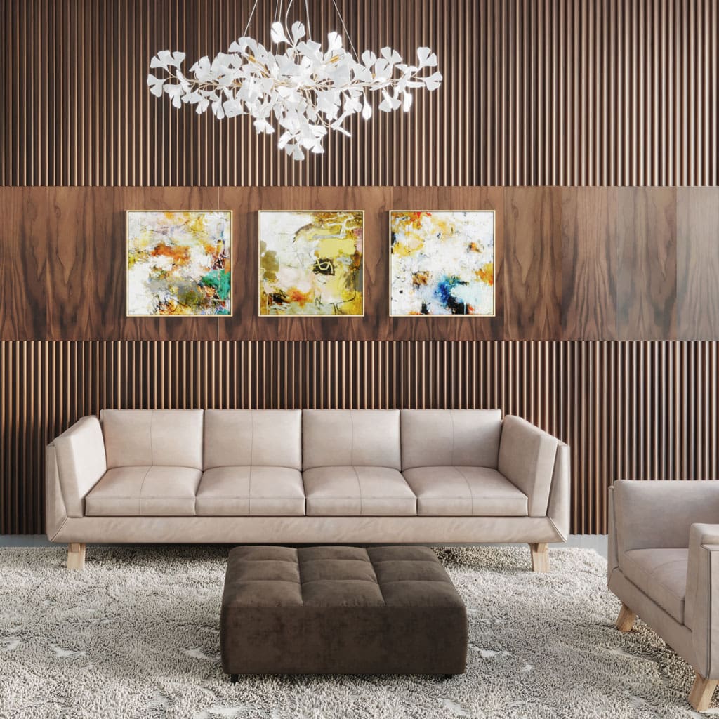 Walnut Torus Slat Wood Wall Paneling and Walnut Companion Veneer Paneling in a modern living room
