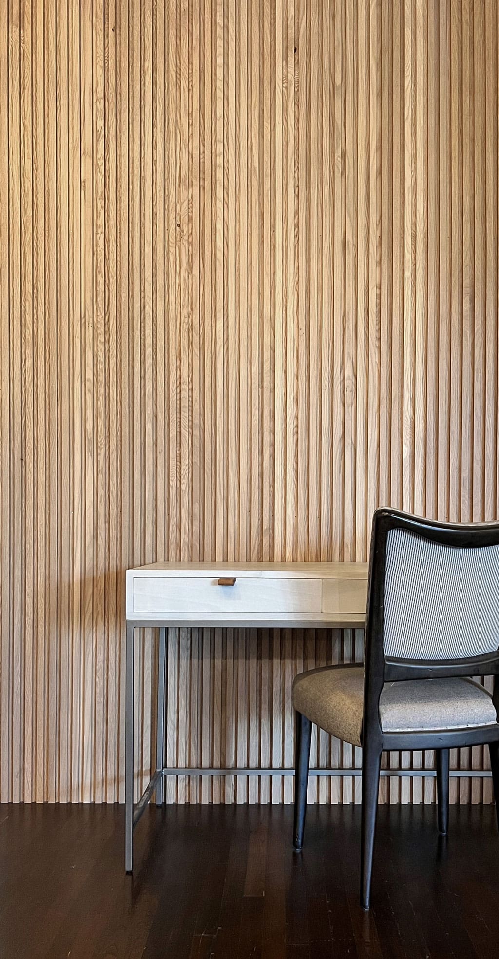 White Oak Classic Slat Wood Wall Board in White Oak with Clear Finish Installation