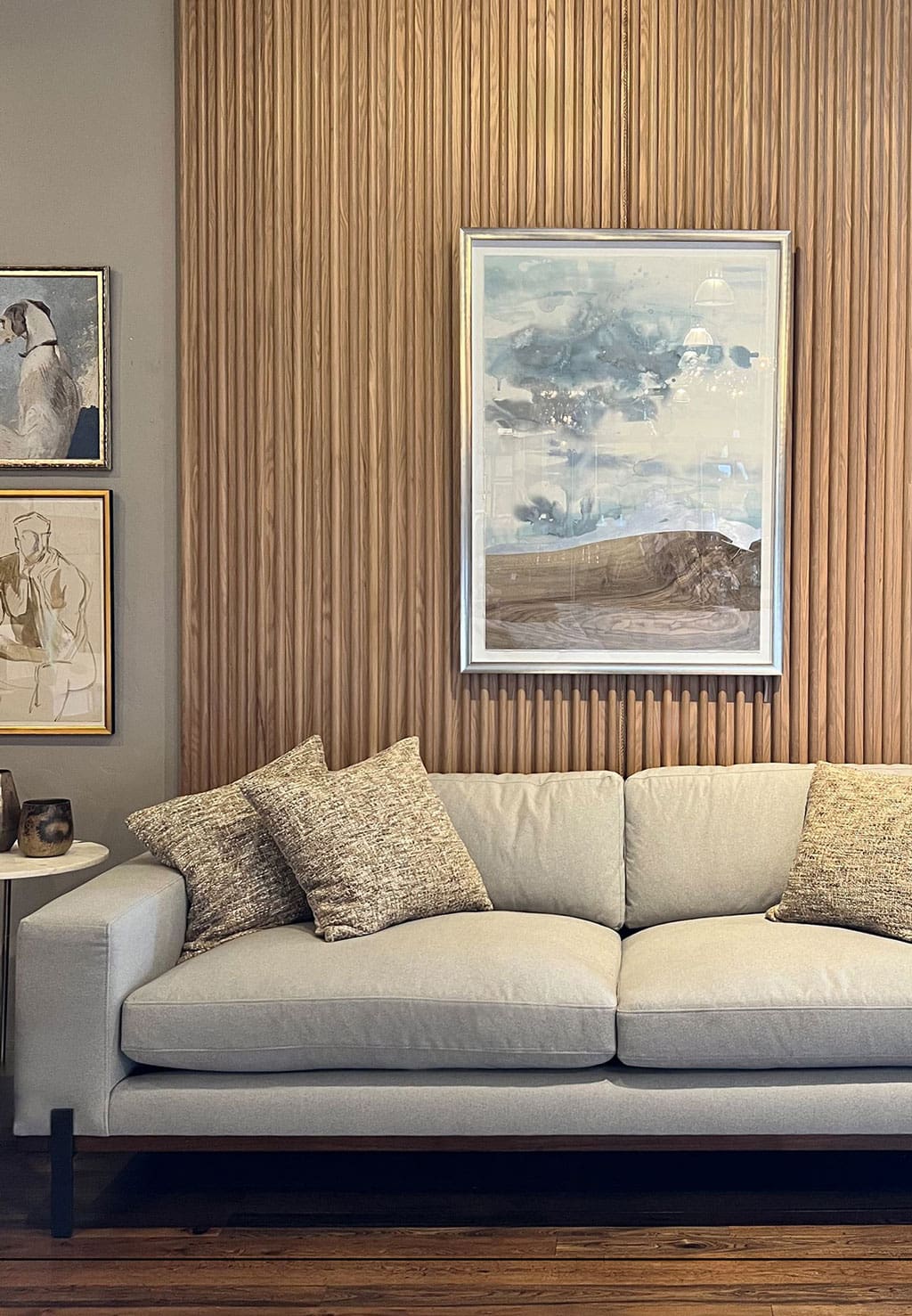 White Oak Torus Slat Wood Wall Paneling installed in a living room