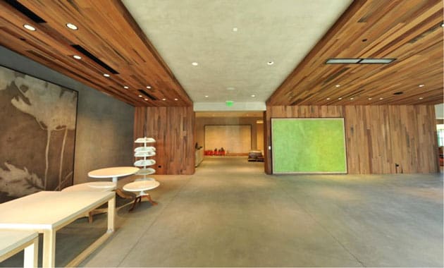 reclaimed redwood covering ceiling and wall areas