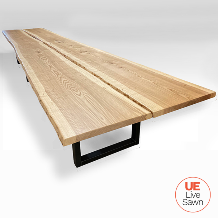 18' Live Edge Ash Slab Conference Table - Matte Clear with Natural Steel Base