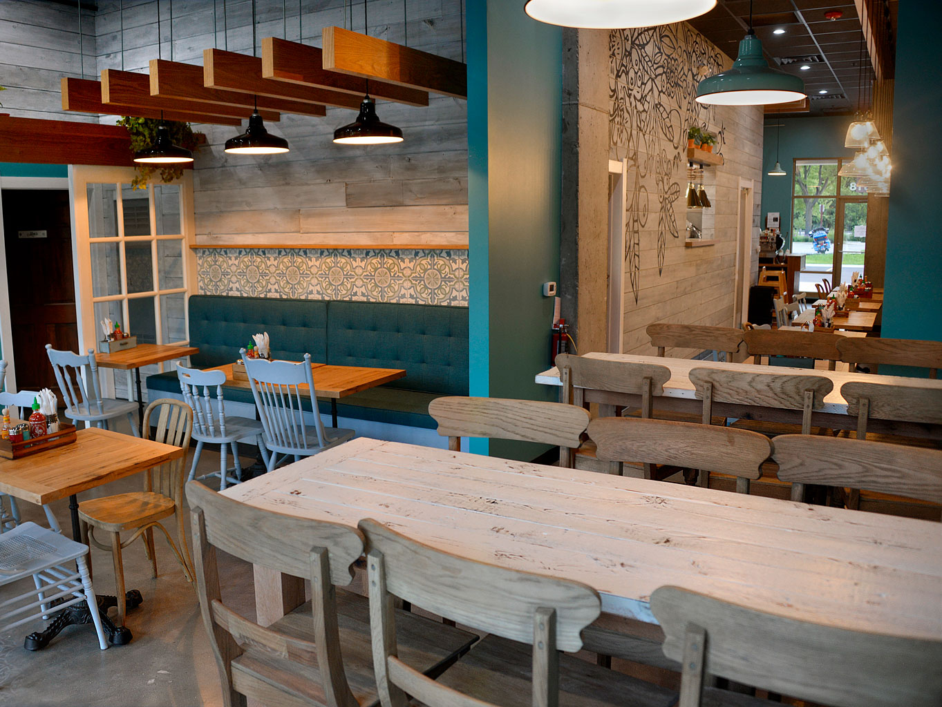 Reclaimed Tables and Seating at Ancora Coffee in Madison