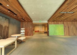 reclaimed redwood covering ceiling and wall areas