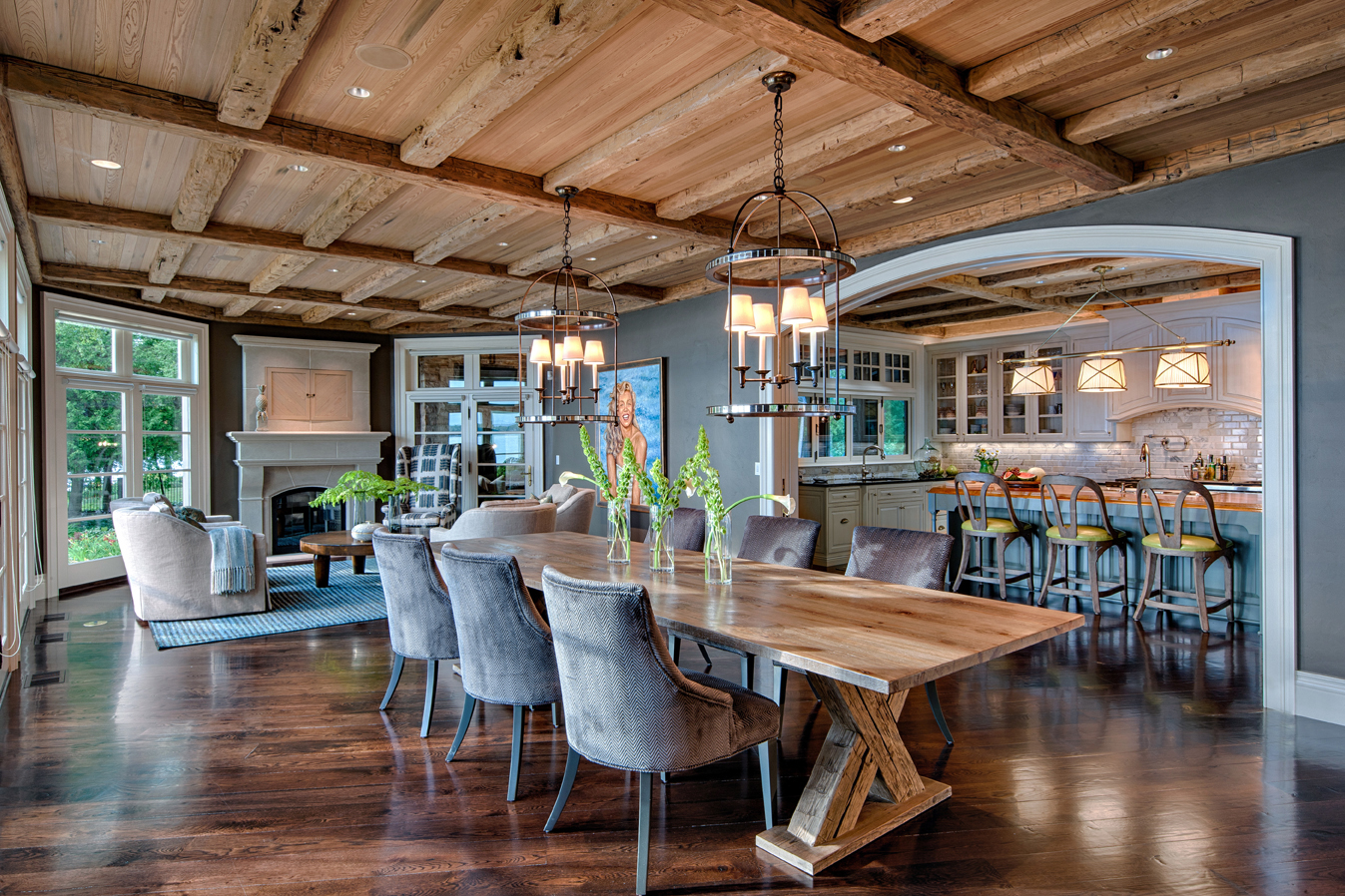 Timbers Ceiling Cladding Flooring and Reclaimed Dining Table in Door County Residence
