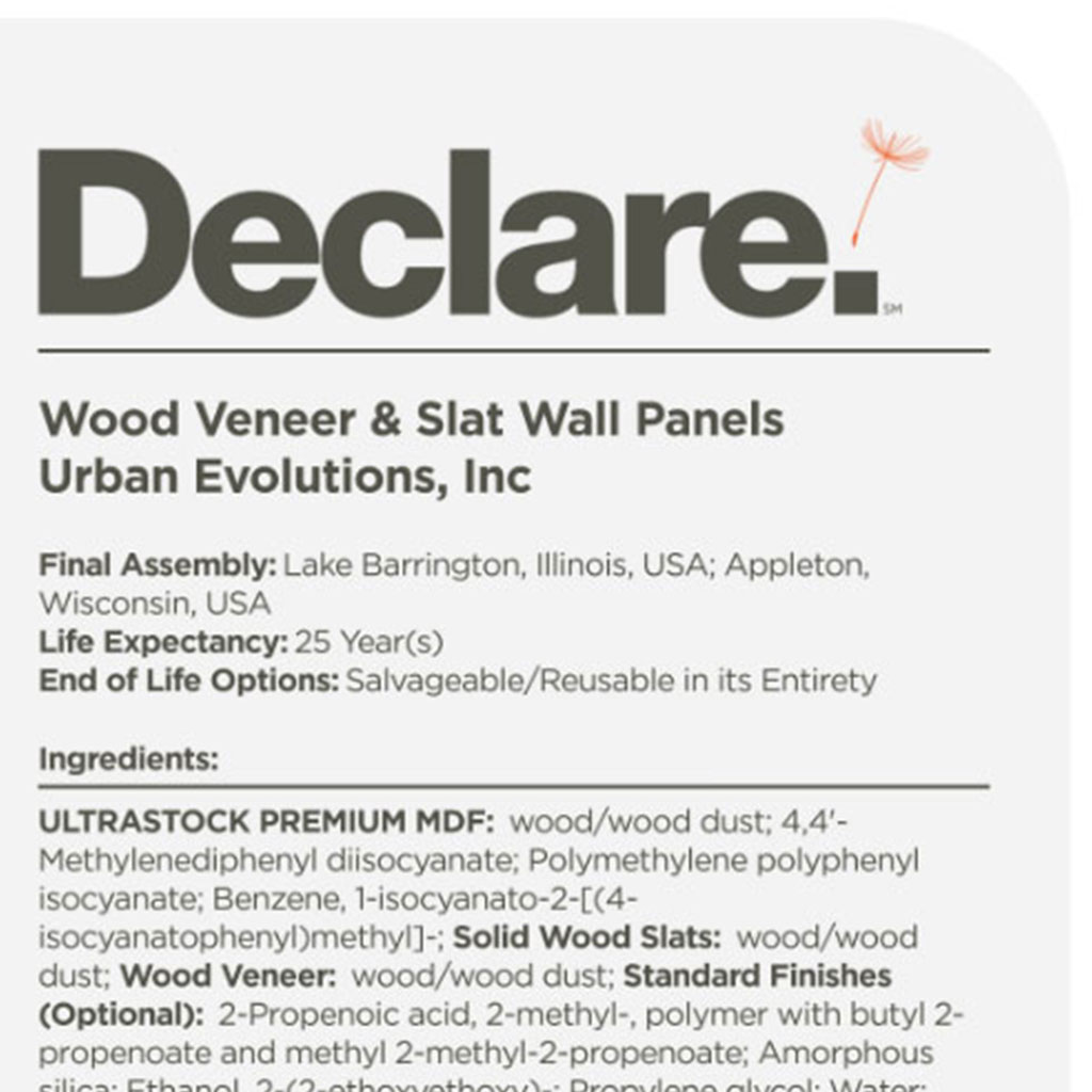 URBAN EVOLUTIONS Declare Label for Wood Veneer and Slat Wall Panels