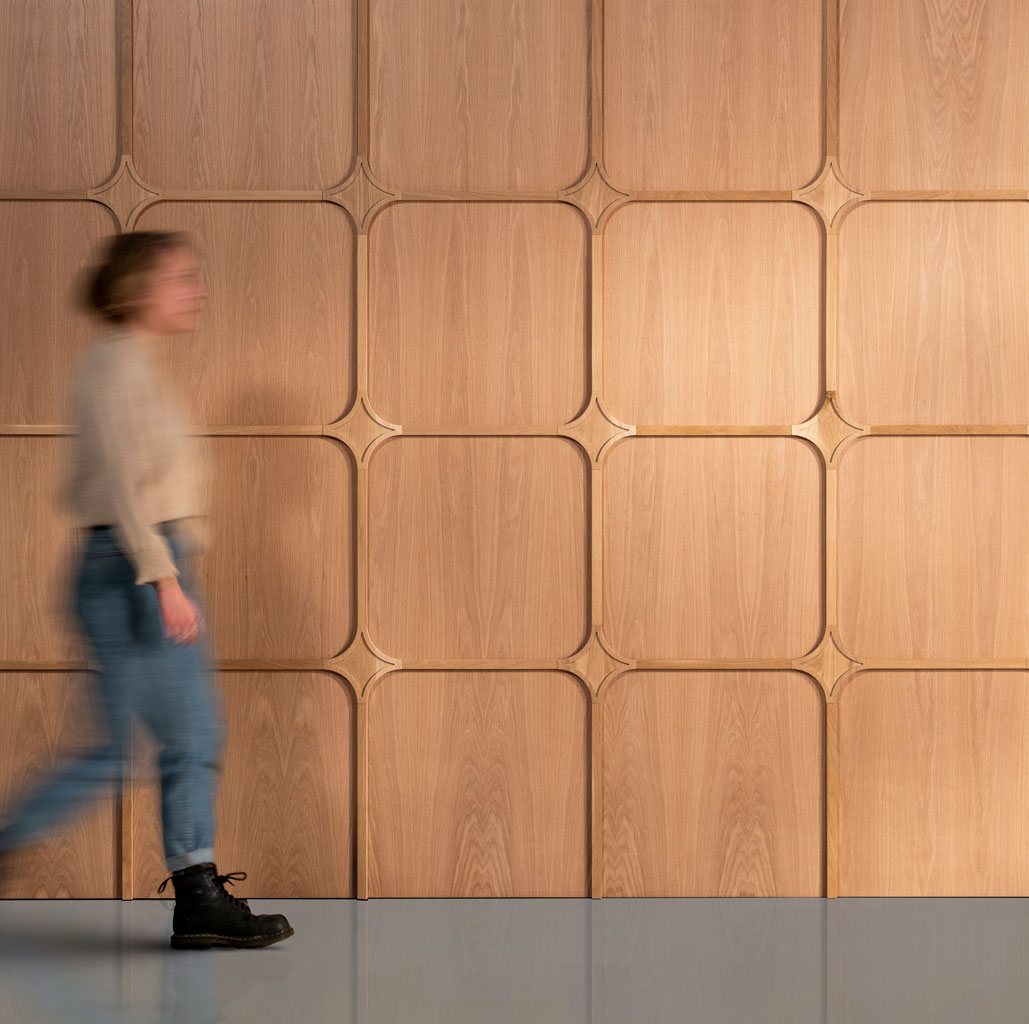 Wood Wall Paneling with Girl Walking