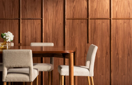 Open Grid Dimensional Wood Wall Panel in Walnut in Dining Room Setting