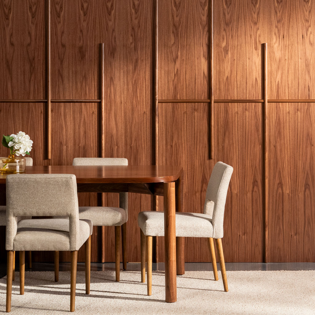 Open Grid Dimensional Wood Wall Panel in Walnut in Dining Room Setting