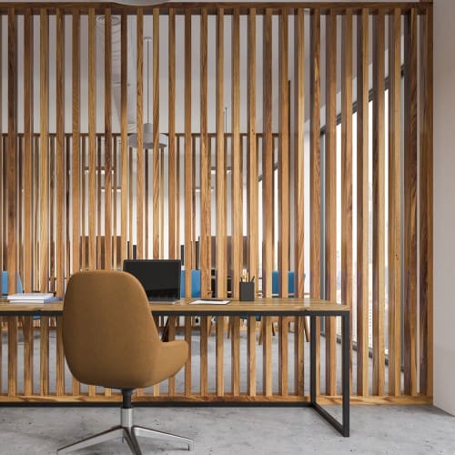 Pass-through slatted wooden wall divider offic