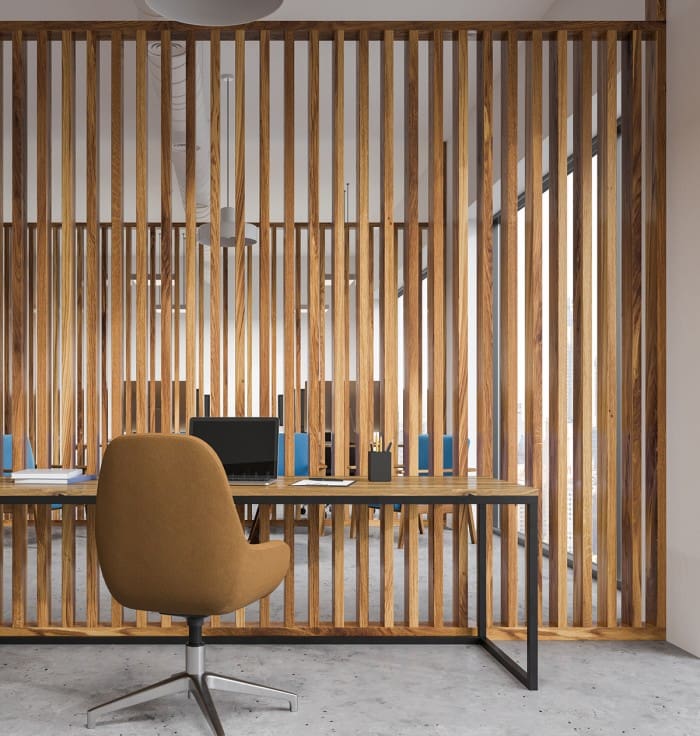 Pass-through slatted wooden wall divider offic